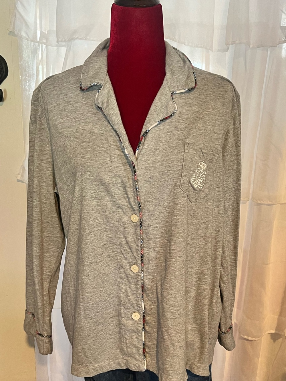 Lauren Ralph Lauren Women’s Grey LS Button Down Monogrammed PJ Top (Large)